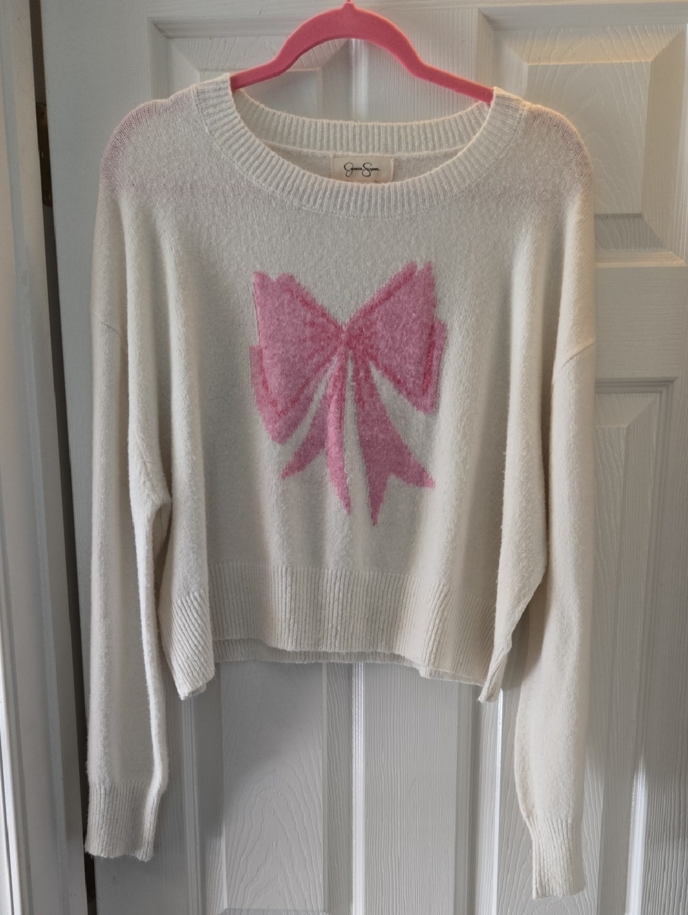 Jessica Simpson Cream Crewneck Sweater with Pink Bow Motif
